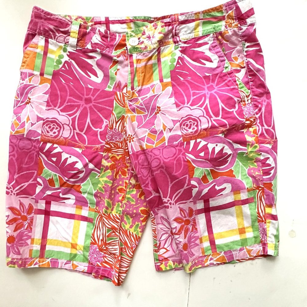 Lilly Pulitzer Pink Floral Patchwork Plaid Bermuda Shorts